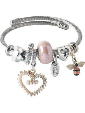 Silver-pink Bees Charm Bracelet Silver Stainless Steel Bangle
